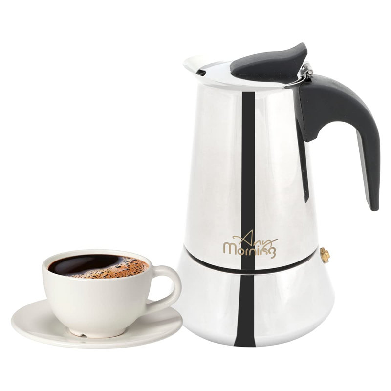 Cafetière italienne Any Morning Jun-4 en acier inoxydable, 200 ml (6,8 oz), compatible induction, 4 tasses, avec soupape de sécurité et poignée sans BPA.