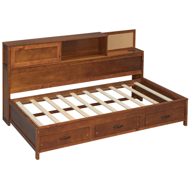 Walnut Twin Wooden Daybed Featuring 3 Storage Drawers, Upper Soft Board, Shelf And For Practical Organized Decor Size With Stylish Functional Lounge