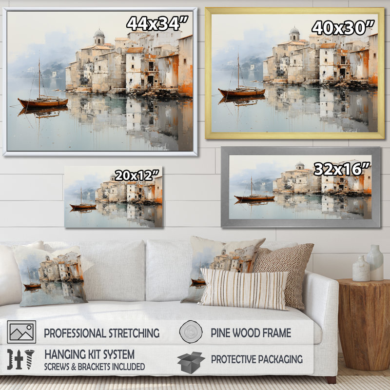 Almarina - Bateau, art mural, salon, Cadre flottant doré, H 24 po x l 32 po x P 1 po