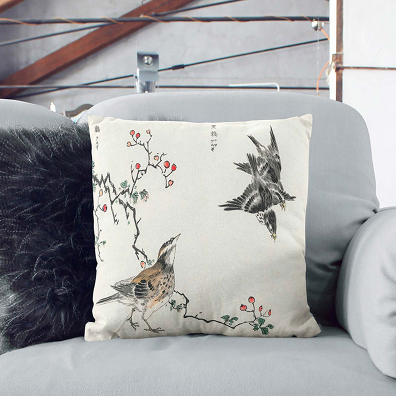 Thrush Birds by Numata Kashu Cushion with Filling, 40cm H x 40cm W x 15cm D, White