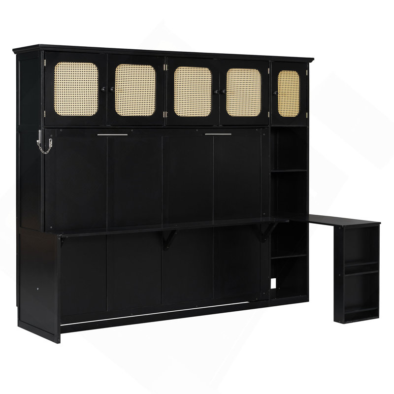 Lit escamotable double avec bureau et armoires en rotin, lit mural peu encombrant pour le bureau personnel, Black