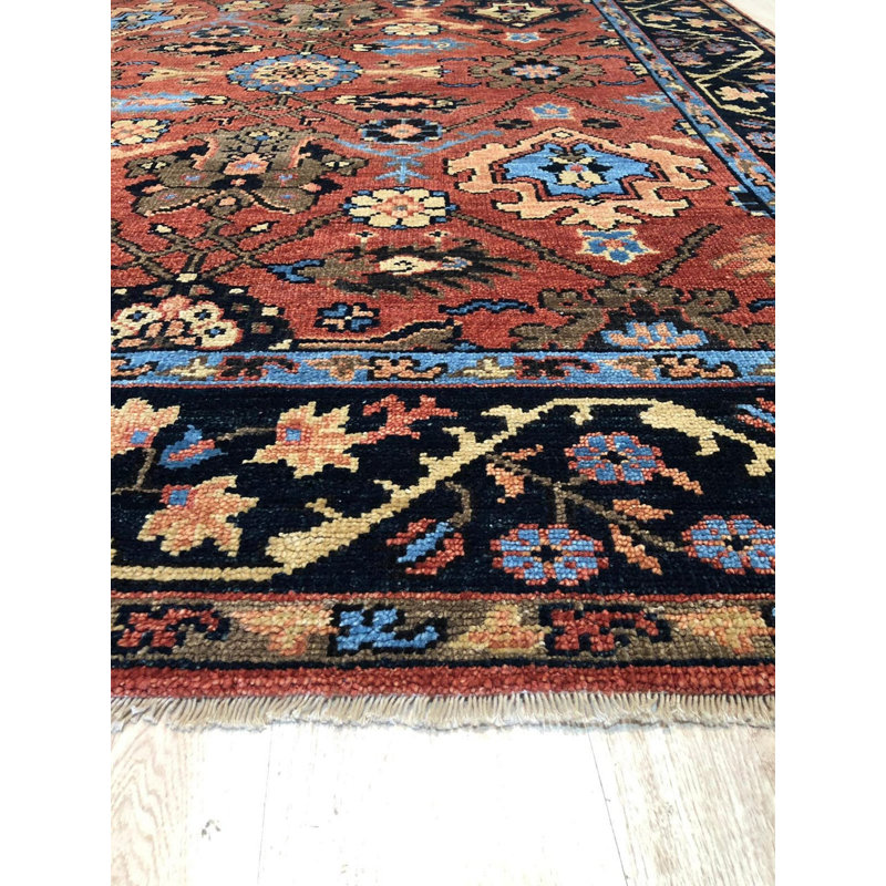 Red Hand-Knotted Wool Linked Rosettes Geometric Modern Contemporary Carpet Rug, 10' x 14'