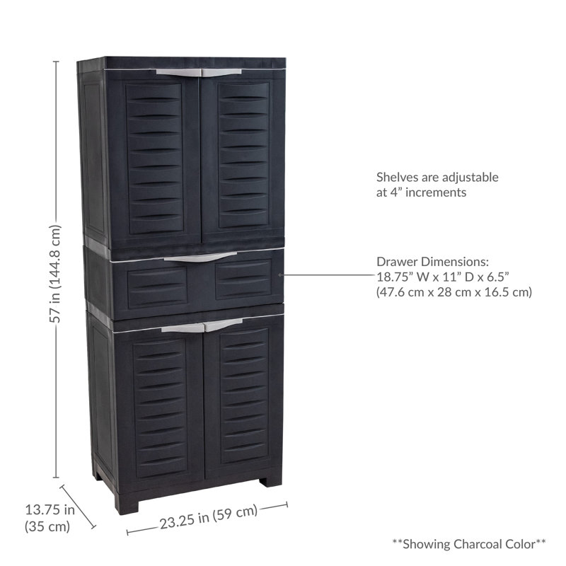 Storage Cabinet with 2 Adjustable Shelves and Center Drawer, Gray/Charcoal Trim