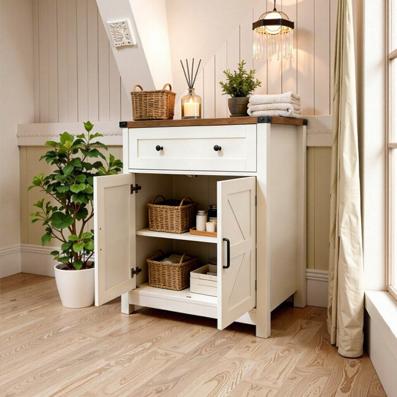 Compact Farmhouse Barn Door Storage Cabinet With Drawer, White+Oak