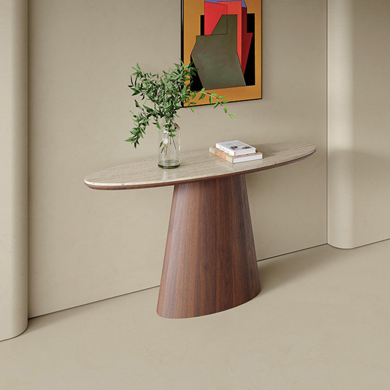 Console ovale simple de style moderne, Brun, 33.5" H x 47.2" W x 13.8" D, Beige / Brun