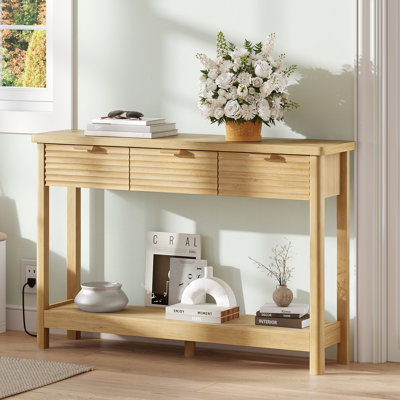 43" Console Table, Modern Wood Side Table With Open Storage Shelves, Freestanding Narrow Display Shelf, Accent Table, Behind Couch Table For Living Ro
