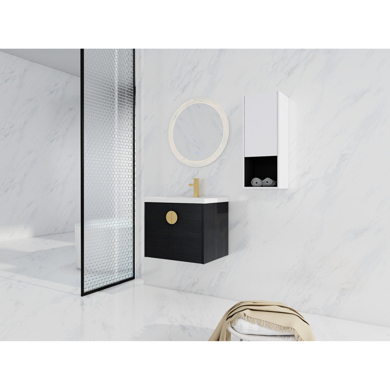 Meuble-lavabo moderne avec lavabo en céramique et armoire de rangement latérale - Étagère murale de 61 cm (24 po) en châtaignier noir