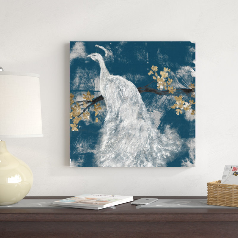Paon blanc sur indigo II, H 20 po x l 20 po