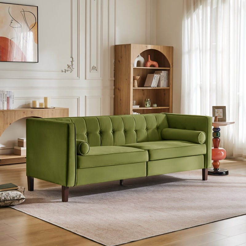 Canapé capitonné Chelsea, Velours vert olive, Structure en fer