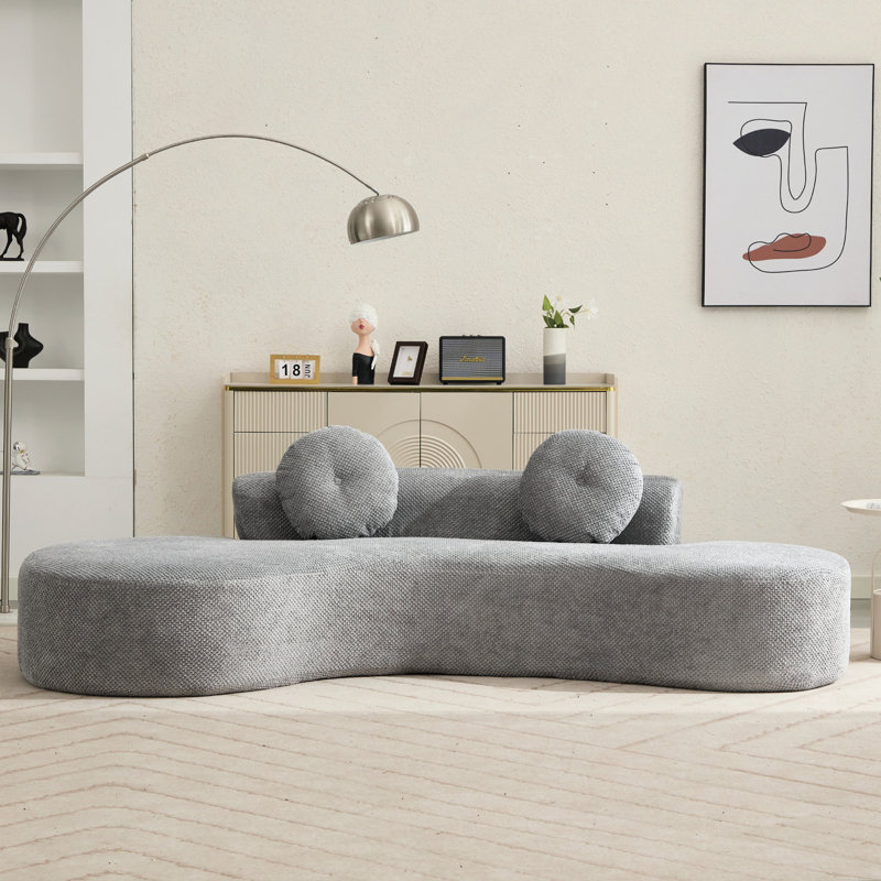 Canapé incurvé moderne de 268 cm (105,5 po), 3 places avec 2 oreillers, gris, aucun assemblage requis, garni de mousse, velours côtelé pointu, spacieux et confortable, style minimaliste gris, garni pour un confort optimal