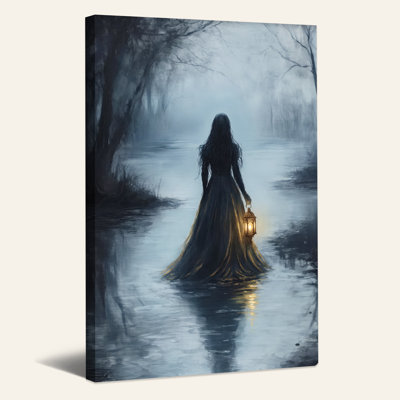 Silhouette, femme avec lanterne en bleu d'Halloween sur toile