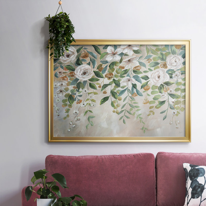 Cascade de fleurs encadrées sur toile, H 14 po x l 20 po x P 1,5 po, Or