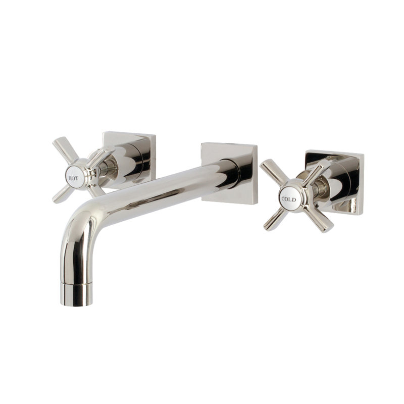 Kingston Brass Manhattan Two-Handle 3-Hole Wall Mount Roman Tub Faucet, Polished Nickel,  Cross White