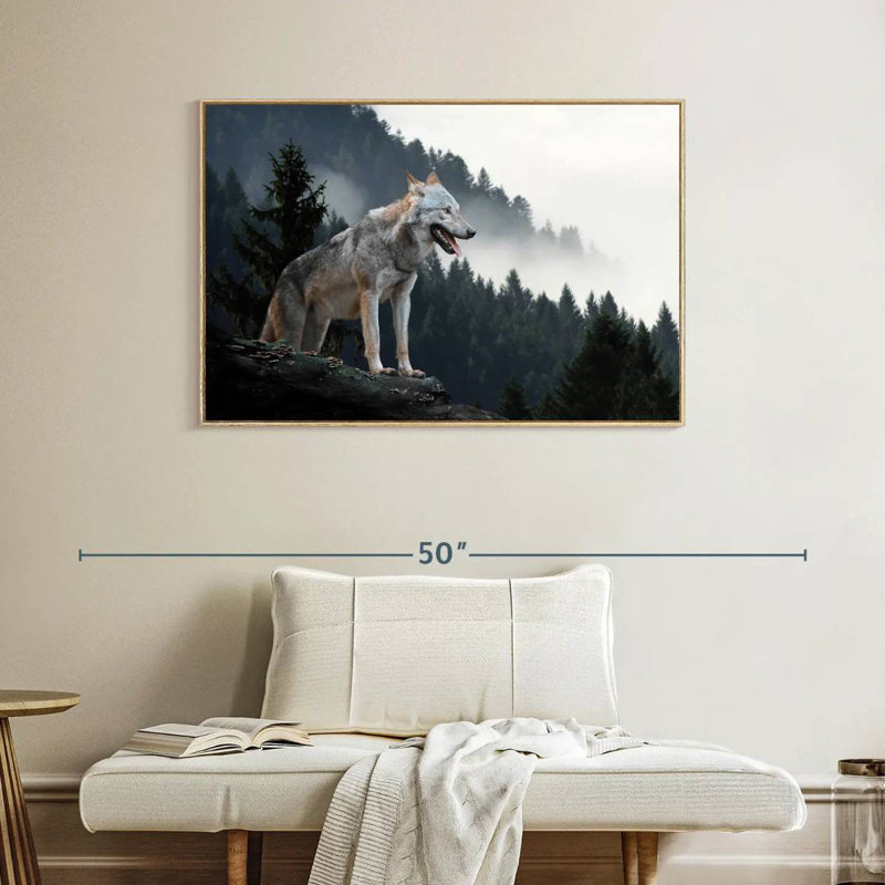 Loup des bois sur la montagne, Cadre flottant en bois naturel, 40 po x 27 po