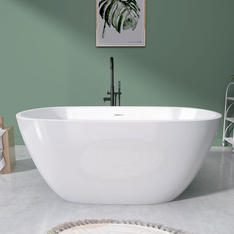 55" Freestanding Soaking Acrylic Bathtub Contemporary Free Standing Bath Tub Modern Stand Alone Tub, Gloss White
