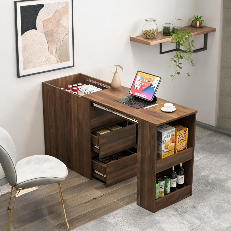 Bureau d'ordinateur en coin en L avec tiroirs et tablettes, brun riche, 35,91 W