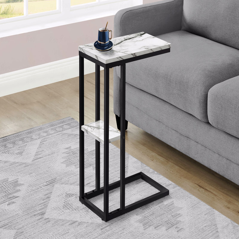 Table d'appoint, en forme de C, bout, côté, collation, stratifié aspect marbre, métal, contemporain, moderne, Blanc