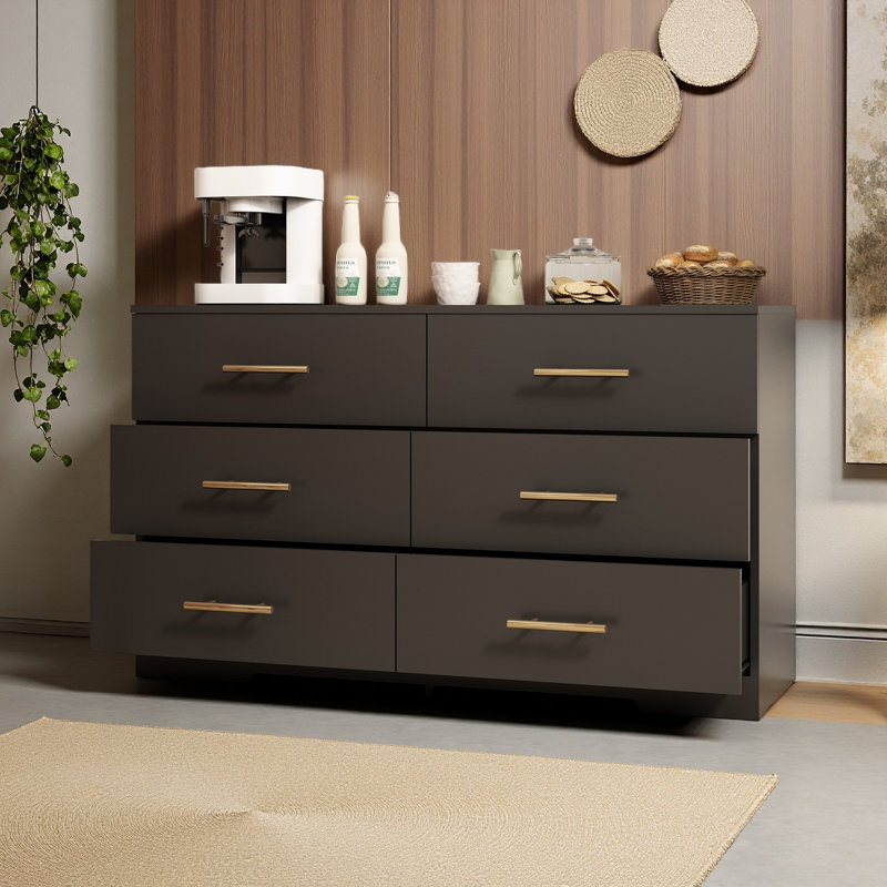 Grande commode 6 tiroirs avec poignée dorée, Noir