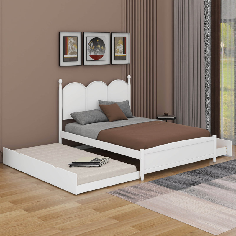 Grand lit plateforme avec tiroirs et lit gigogne, Blanc