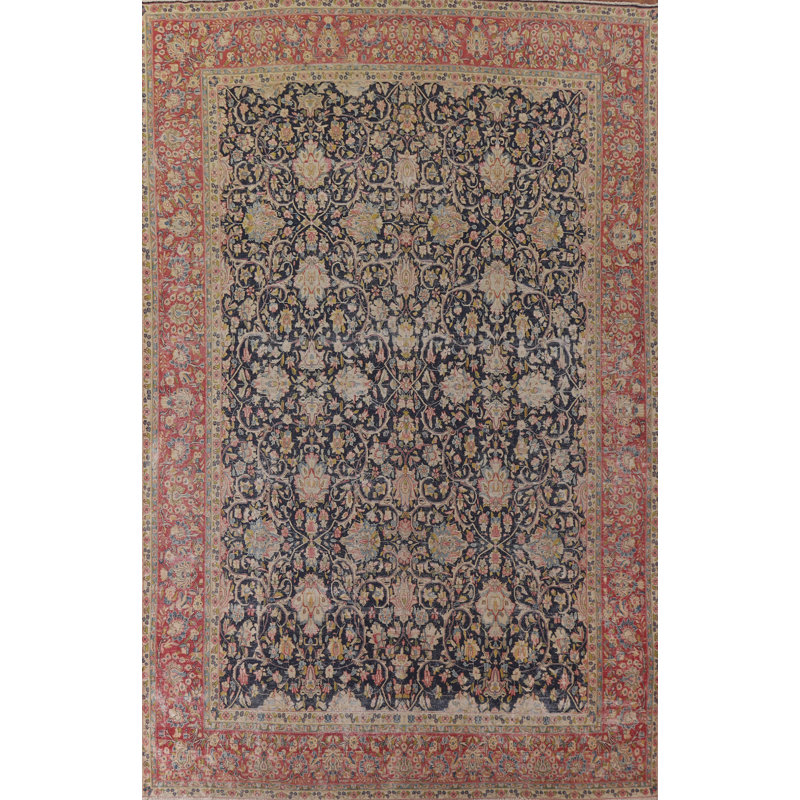 Tapis traditionnel bleu marine à motif floral 10 x 13