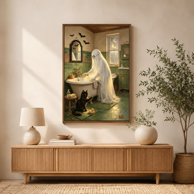 Halloween Ghostly Figure Washing Bathtub Black Cat Observes Canvas Wall Art with Floating Frame, Ready to Hang