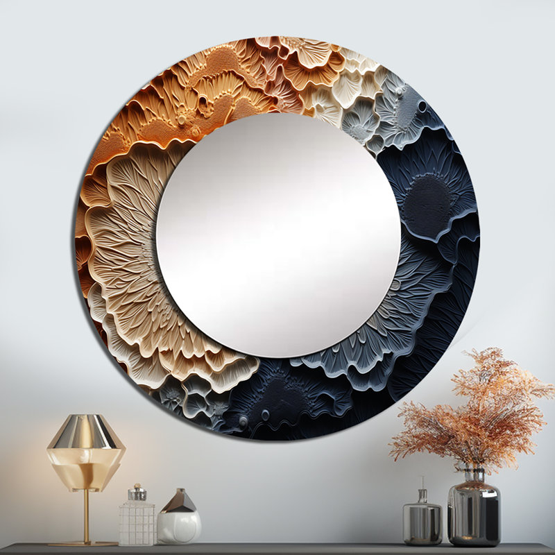 Géode de pierre minimaliste beige et bleu - géode de pierre grand miroir, miroir rond orange unique, art imprimé en métal