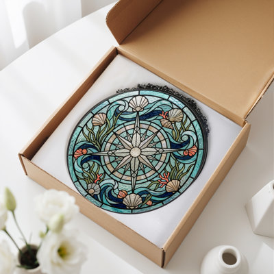 Nautical Compass Stained Glass Window Panel，12"H
