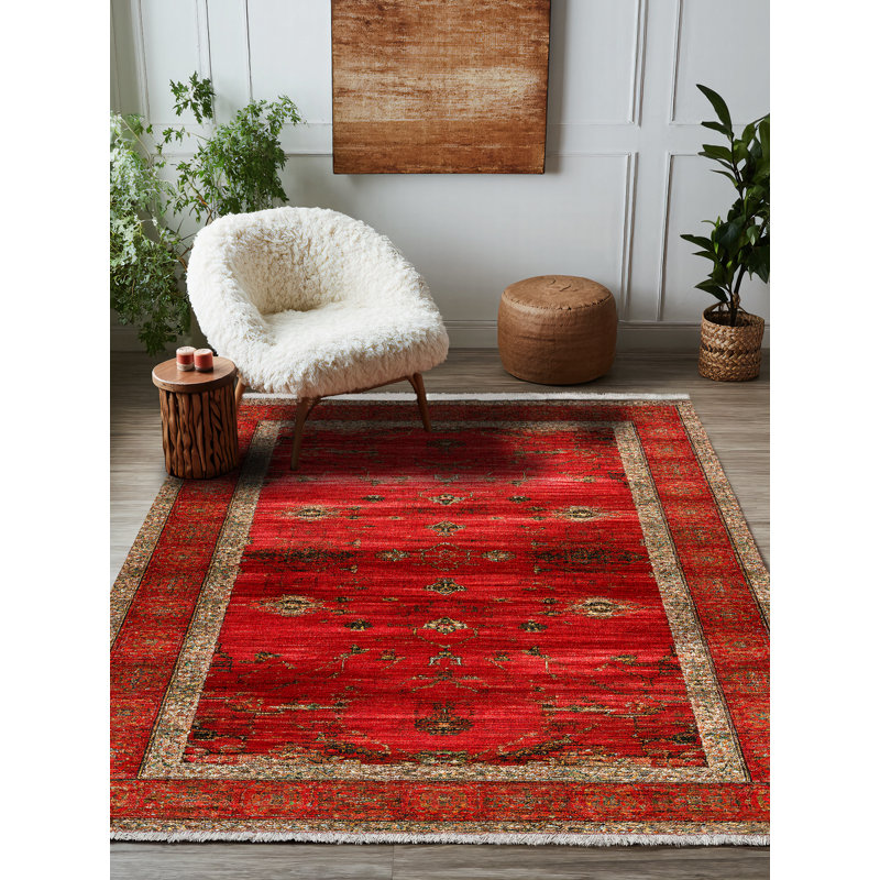 Tapis de coton oriental rouge en coton imprimé à la machine Mottos Oushak, Rond 3 pi 4 po