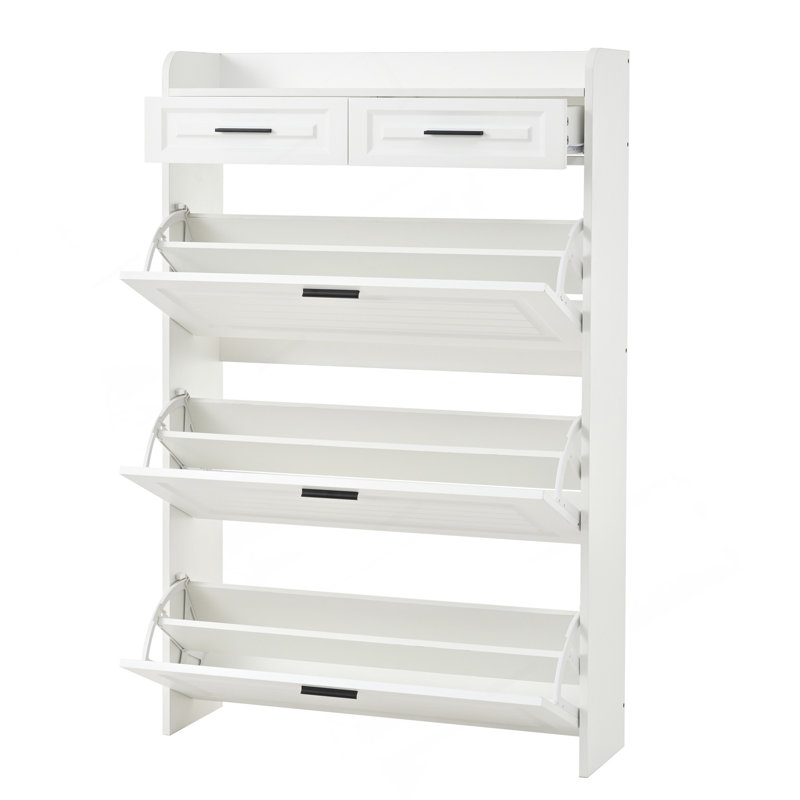 Deux tiroirs, trois portes pliantes, grande armoire à chaussures de rangement, blanc