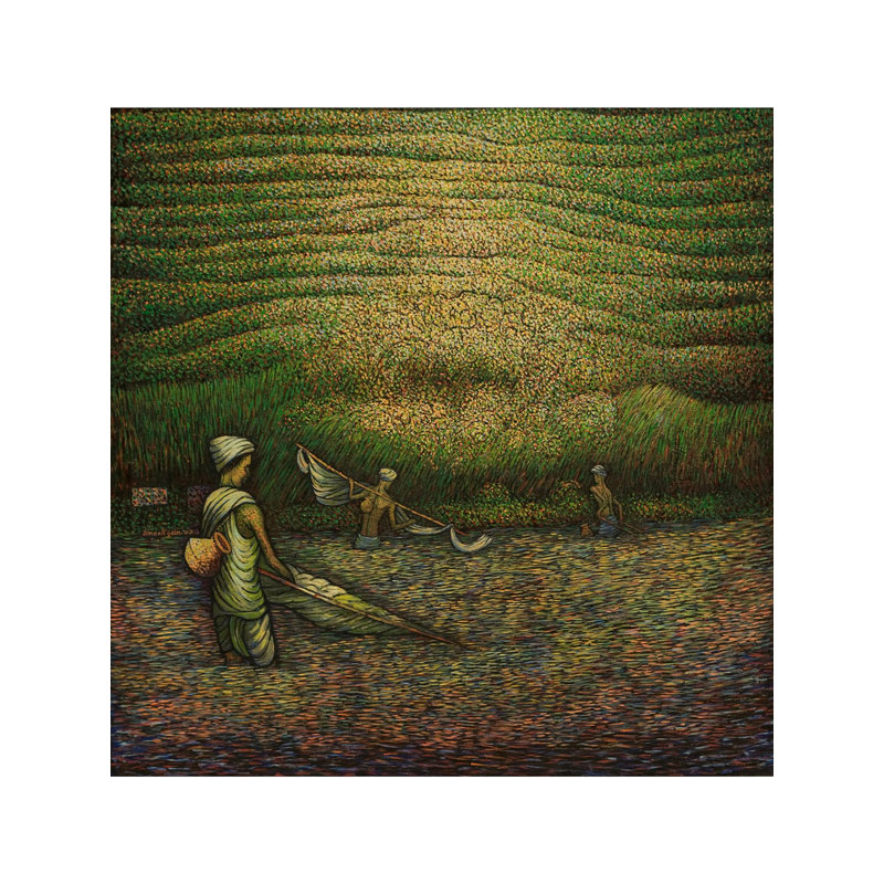 Pêcheurs attrapant des poissons | Huile sur toile | Par Dinesh Gain
