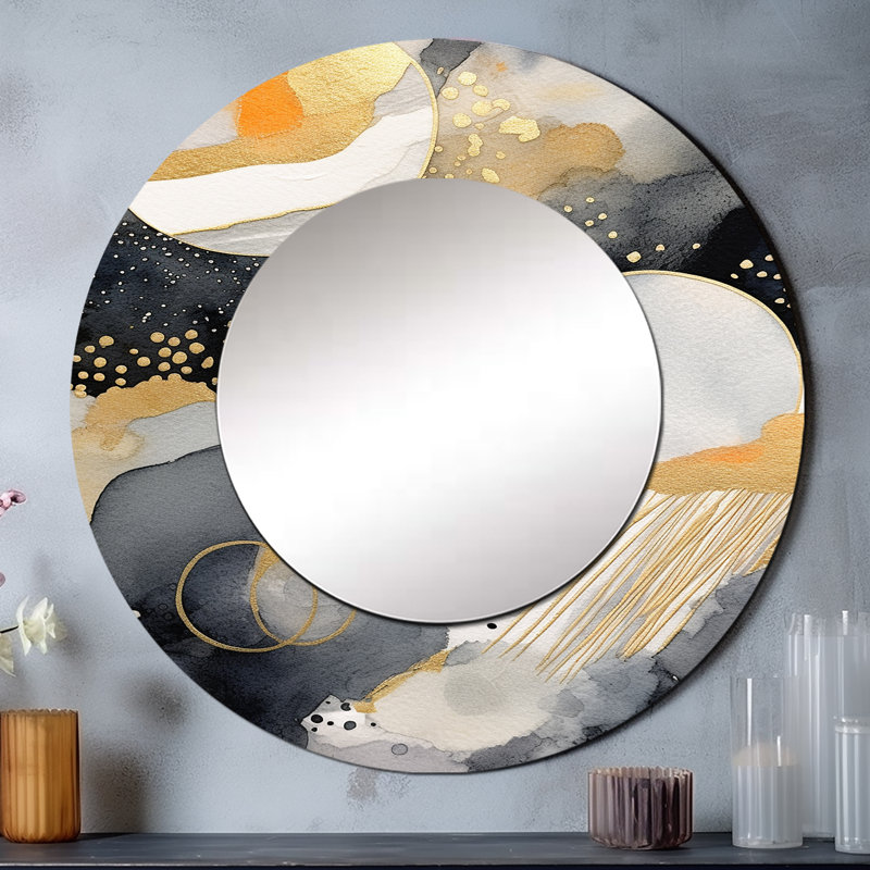 Sandalio pastel abstrait avec taches bleues noires et dorées - miroir géométrique, miroir mural rond doré, impression sur métal