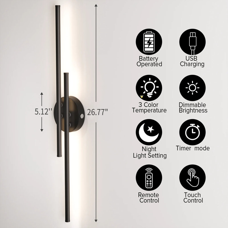 Paquet de 2 appliques murales rechargeables sans fil à DEL avec télécommande, gradation continue et 3 lumières à température de couleur 3000K-6000K pour couloir de chambre à coucher, salon