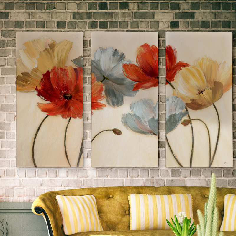 Palette de coquelicot revisitée - 3 pièces sur toile, H 24 po x l 36 po x 1,5 po
