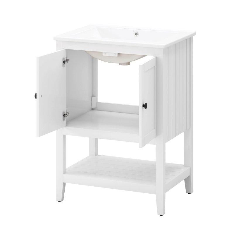 Lavabo de salle de bain moderne élégant en céramique blanche 24 po avec tablette ouverte en bois massif