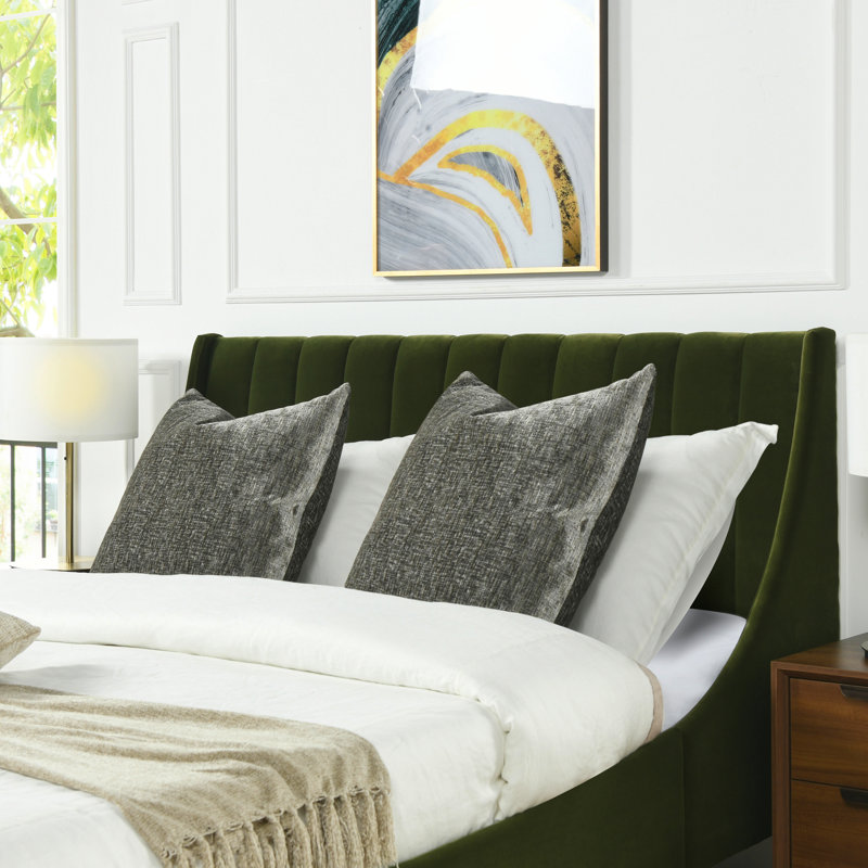 Helaina Upholstered Wingback Bed, Queen, Olive Green Velvet