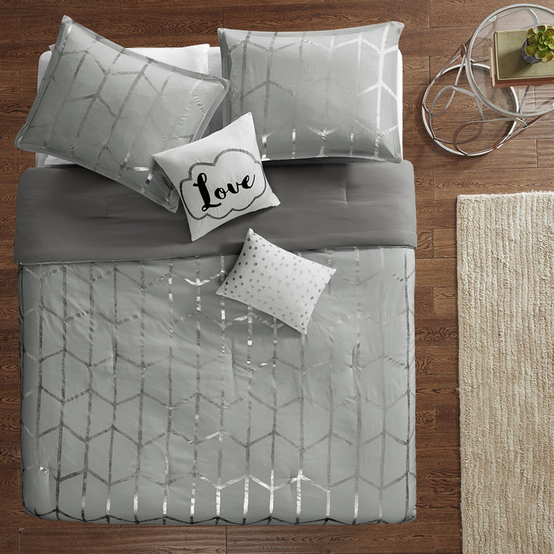 Très grand / très grand édredon en gris et argent, motif géométrique, confortable, 2 taies décoratives, coussins décoratifs, fer à vapeur pour une douceur avec imprimé métallique argenté, tissu doux, literie Keep