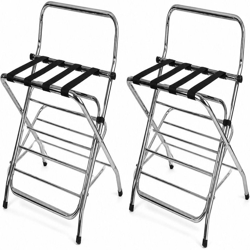 USTECH Double Tier Luggage Rack with High Back Chrome Folding Suitcase Stand, Guest Room Hotel Luggage Holder, Self Assembly, Durable Metal Frame (Pack of 2)