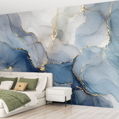 Wall Mural Peel and Stick Wallpaper Abstract Blue Gray Marble Gold Veins Self-Adhesive Removable Contact Paper Wall Decor for Living Room Bedroom 69"H x 96"W