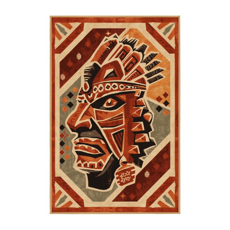 Soft Plush Durgin Olmec Stone Mask Warrior Classic Block Print Area Rug in Brown – LightBrown Binding, 7x9