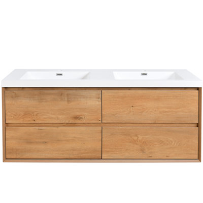Meuble-lavabo moderne de 60 po, tiroirs flottants fixés au mur et lavabo supérieur en résine, design élégant pour un rangement généreux, protection silencieuse et chaleureuse, meuble-lavabo en bois massif de couleur chêne doré