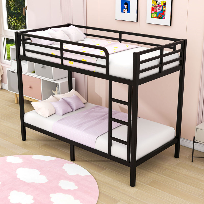 Metal Bunk Bed With Guardrails And Ladder, Black, Extra Long Twin