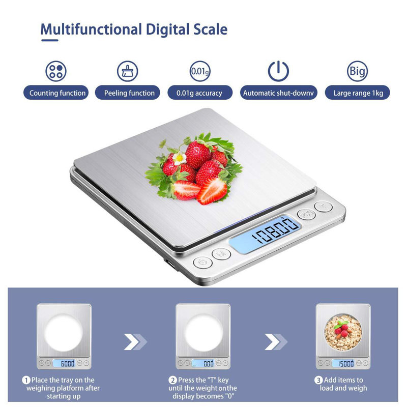Mini Digital Platform Scale 1000g/0.1g Precision with USB Charging and Unit Conversion for Cooking