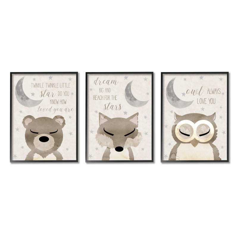 "A3-217", "Nighttime Animals And Lullabies" encadré sur bois, 3 pièces par Daniela Santiago, Giclée encadrée noir minuit
