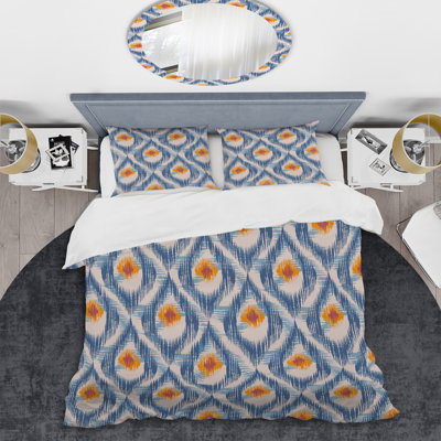 Bleu et orange Ikat Ogee - Ensemble de housse de couette abstrait - Microfibre de polyester