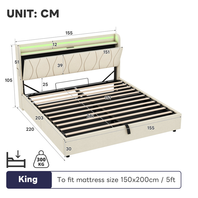 Upholstered Bed Frame With Hydraulic Storage, Beige, Kingsize (5')