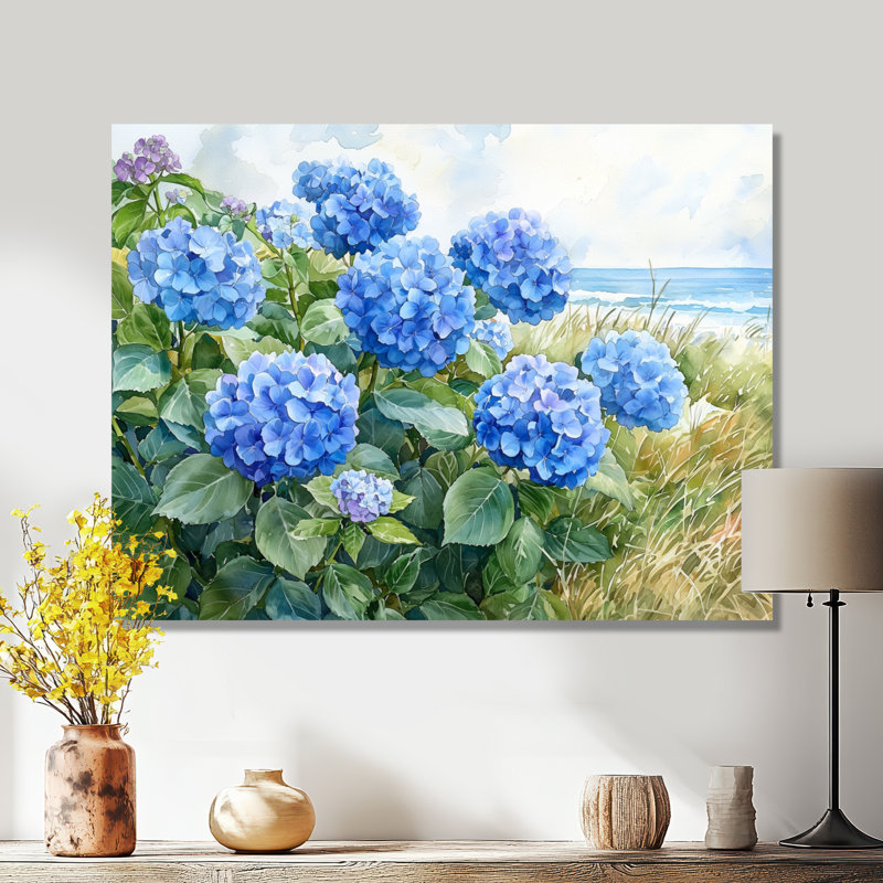 Hydrangeas In The Coastal Garden I - Hydrangea, reproduction sur toile encadrée, H 30 po x l 40 po, Toile tendue