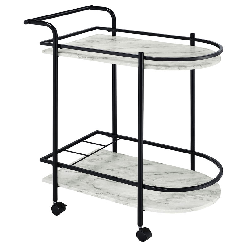 Chariot de service élégant avec dessus en faux marbre et cadre en métal noir pour le divertissement et porte-vin blanc portatif