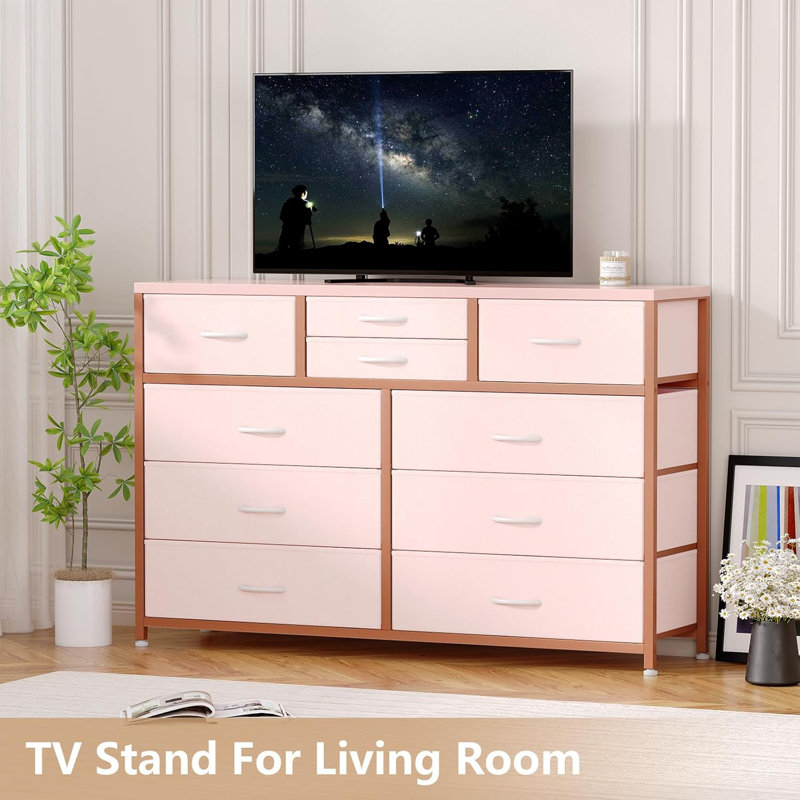 Meuble télé avec commode pour chambre à coucher 55 po, commode avec 10 tiroirs, 49.21", Rose