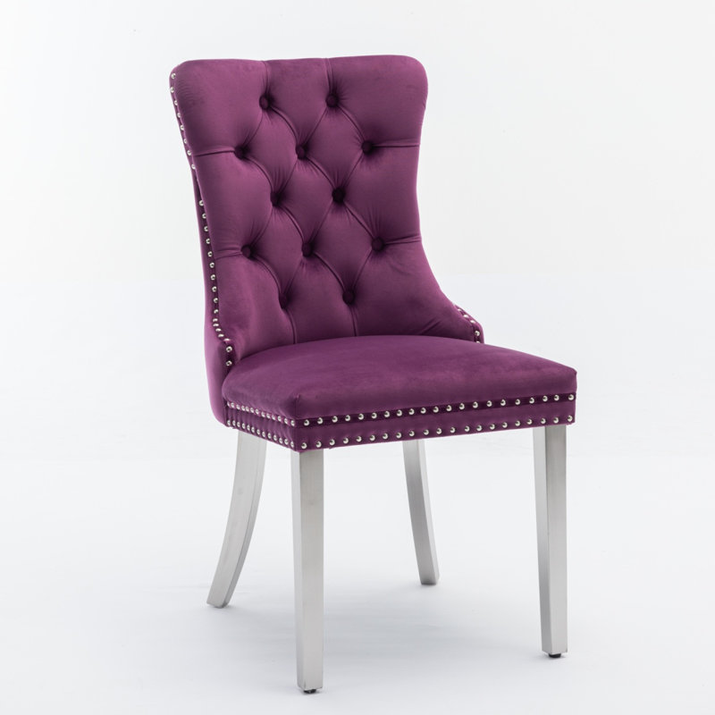 Velvet Upholstered Dining Chair with Wood Legs Nailhead Trim, Purple, Silver