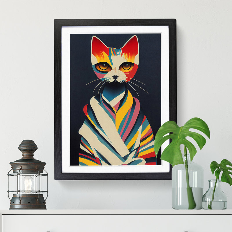 Cat Art Mid Century - Picture Frame Print, 34cm H x 25cm W x 2cm D, Oak Framed